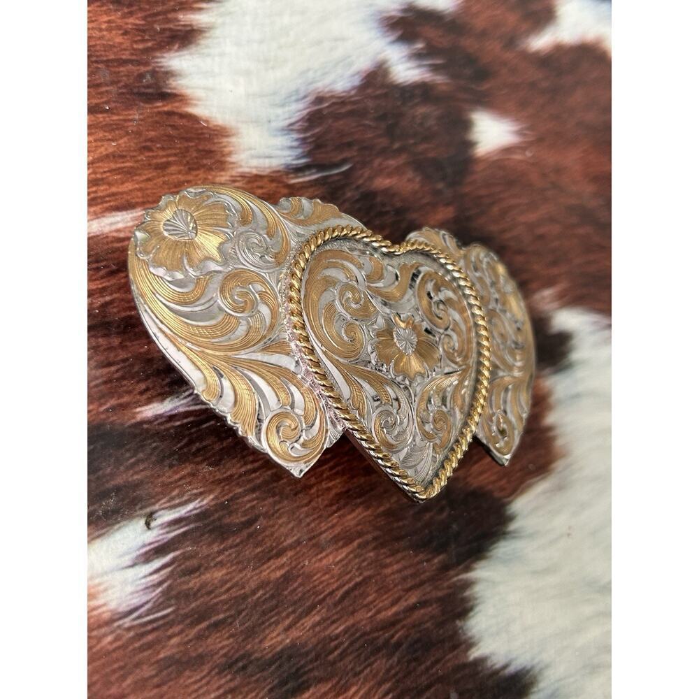 Vintage Triple Heart Sterling Silver Plate Montana Silversmiths Belt Buckle - Picture 7 of 10